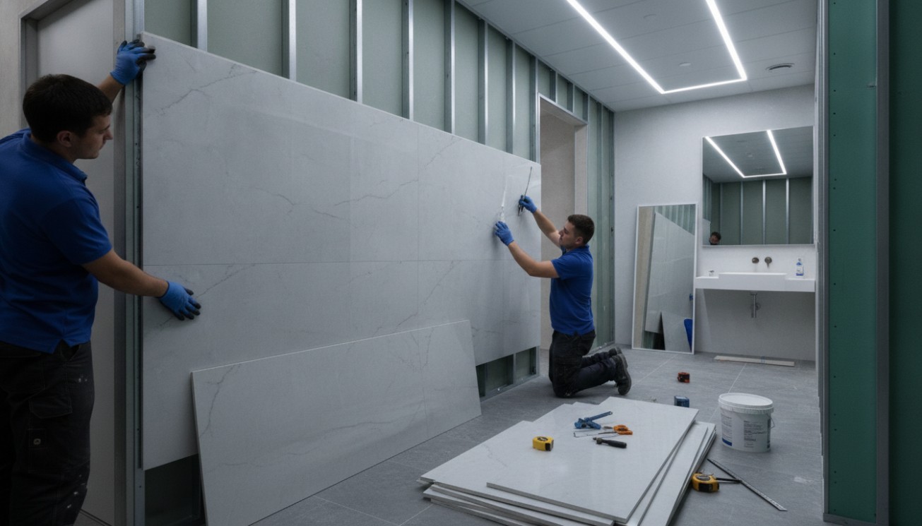 Bulk SPC wall panel installation in a commercial bathroom project with large panels, metal studs and contractor workflow